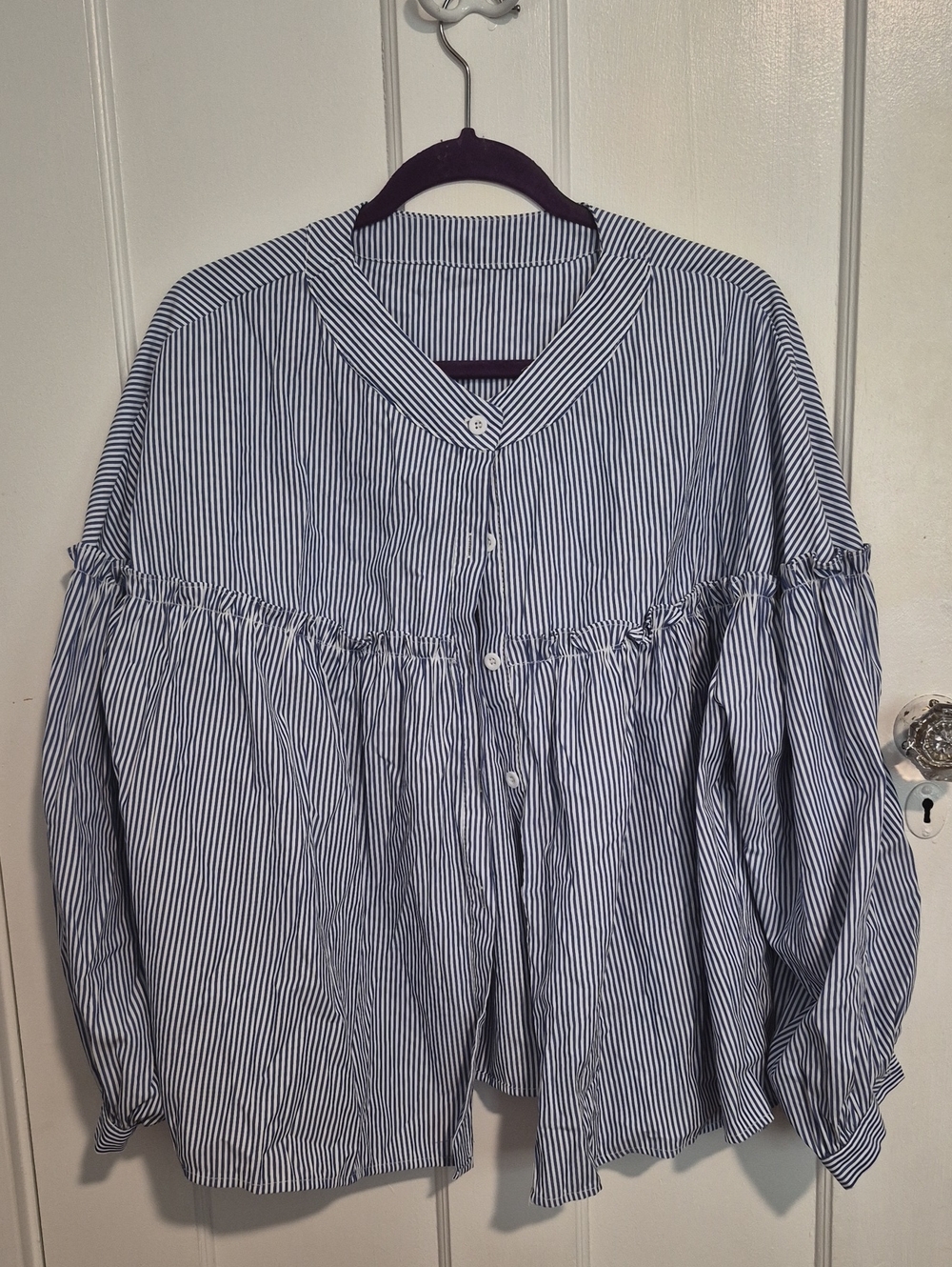 Striped Blue White Peasant Button-Front Blouse
